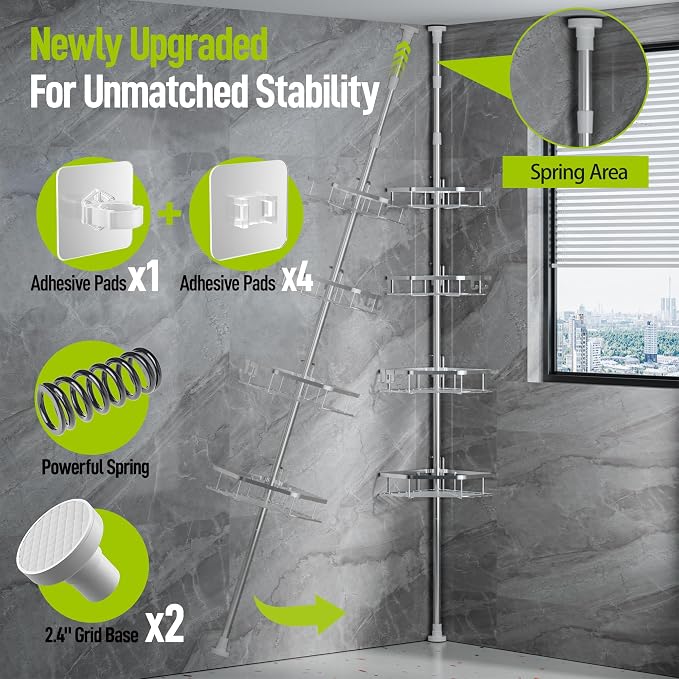 LAMU Corner Shower Caddy Tension Pole, 4-Tier Stainless Steel Organizer - Image 3