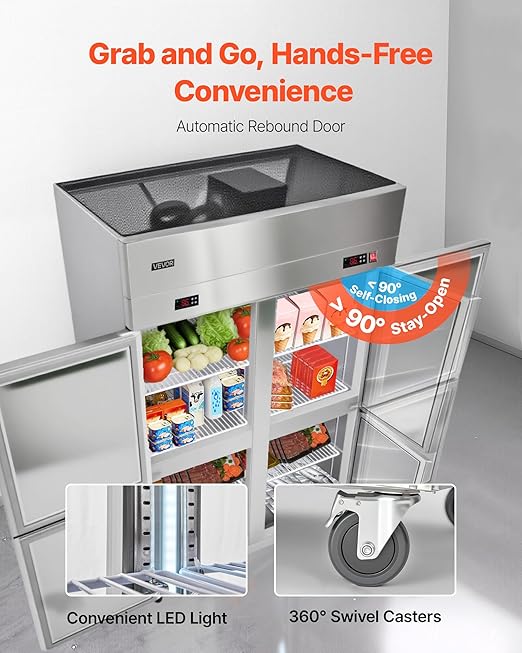 VEVOR Commercial Refrigerator and Freezer Combo 48" W, 31 Cu.Ft Stainless Steel Upright Freezer/Refrigerator with 4 Doors, Auto-Defrost, 6 Adjustable Shelves, UL Certified