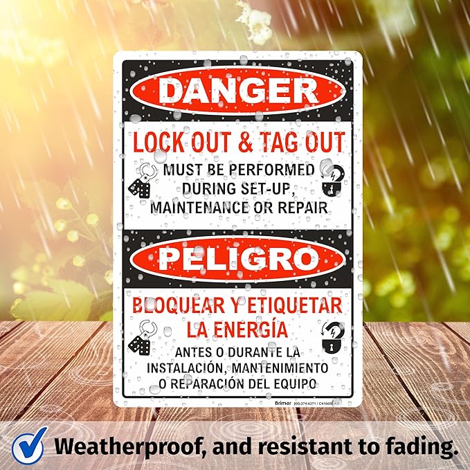 Brimar - 7 x 10" - Bilingual Danger Lock Out & Tag Out Sign - 3.5 Mil InfiniStick™ Vinyl Label - Clear Text And Symbol - Easy Installation