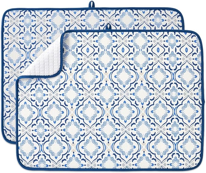 FRESHMINT Dish Drying Mats 2 Pack, Morrocan Tile | Quick Dry, Ultra Absorbent by FRESHMINT