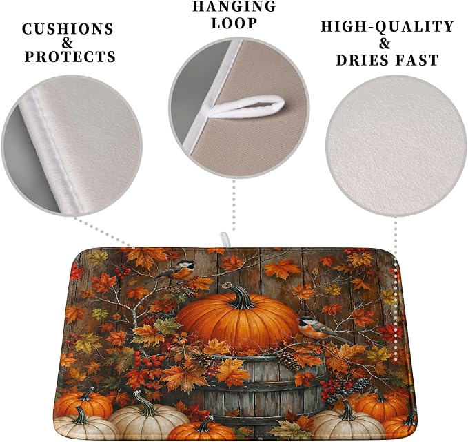 Fall Dish Drying Mat for Kitchen Counter 18x24 Autumn Pumpkin Maple Leaves - Image 3