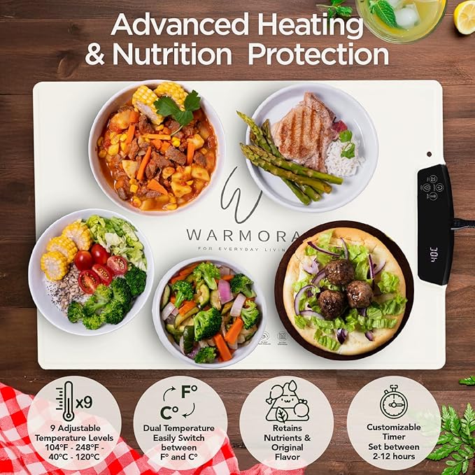Food Warming Mat - 9 Temp Settings, Rapid Full Surface Heating, Child-Lock, 2-12H Timer, Auto Off, Dual Display - Perfect for Parties, Buffets, Everyday Use - Eco-Friendly Tray (Cream)