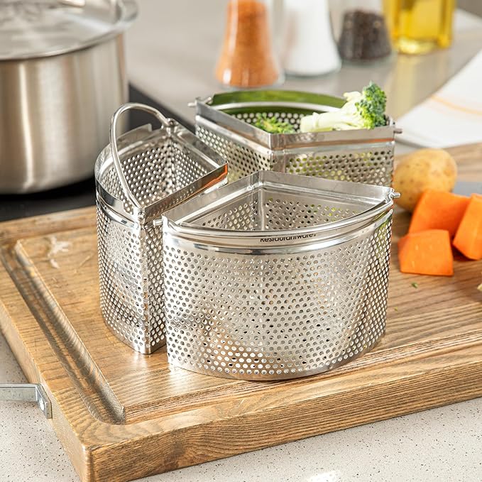 Restaurantware Steamer Basket for Cooking Pot 3-Piece Stainless Steel Trio Separator Perforated Steam Basket Divider for Cooking Veggies, Dumplings, Eggs, Seafood, Pasta, Pressure Cooker