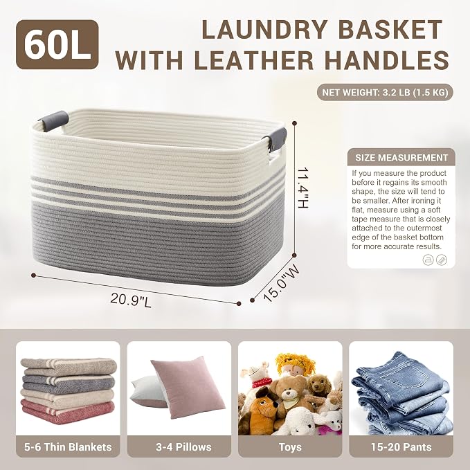 60L Woven Laundry Basket Hamper - Image 2