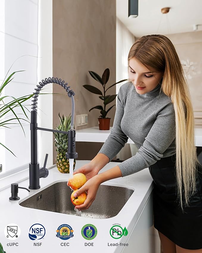 Black Kitchen Faucet with Soap Dispenser: 3-Function Kitchen Faucet with Pull - Image 2