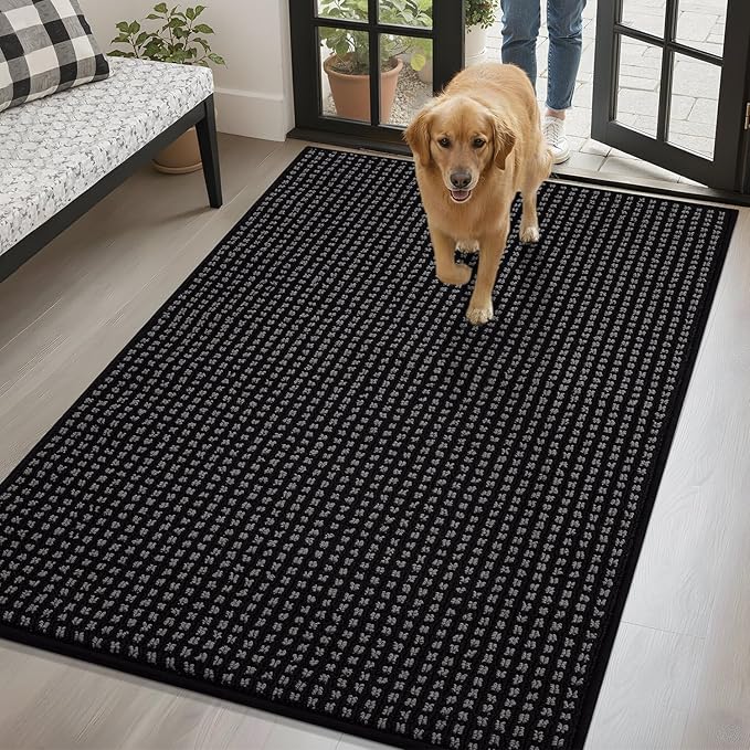 hicorfe Dirt Trapper Indoor Doormat,32"x48" Welcome Door mat,Non Slip Backing Washable Door Mats,Absorbent and Resistant Low-Profile Entrance Inside Floor Mat for Front Back Door and Entryway (Black)