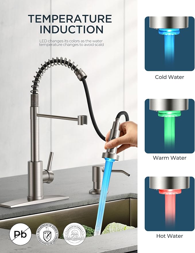 FORIOUS Kitchen Faucet with LED Light Sprayer, Single Lever, Brushed Nickel | - Image 3