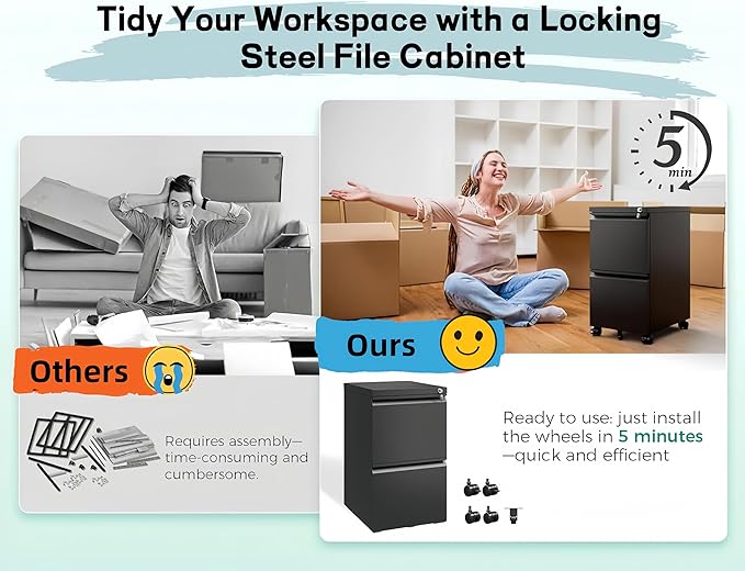 2 Drawer File Cabinet, Fully Assembled Locking Full Steel Filing Cabinet, 150LBS Capacity, Quiet Slides, Anti-Tipping Wheels, Fits A4/Letter/Legal, for Home Office, Matte Black