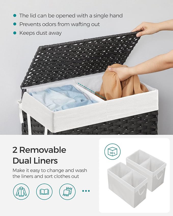 SONGMICS Laundry Hamper with Lid, 110L Double Wicker Basket, 6 Mesh Bags - Image 3