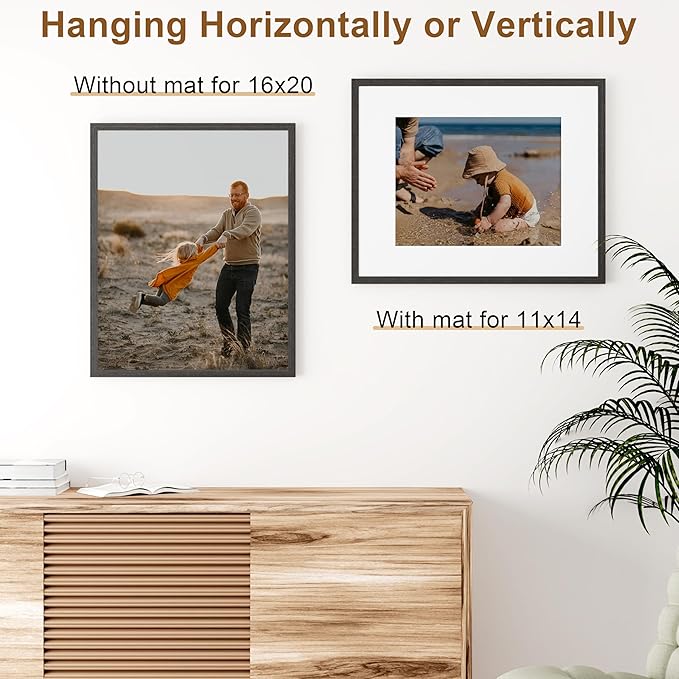 Vittanly 16x20 Picture Frame, Solid Wood Frame with Plexiglass, Includes 11x14 Mat, Wall Hanging or Tabletop for Photos, Home Decor, Black, 1 Pack