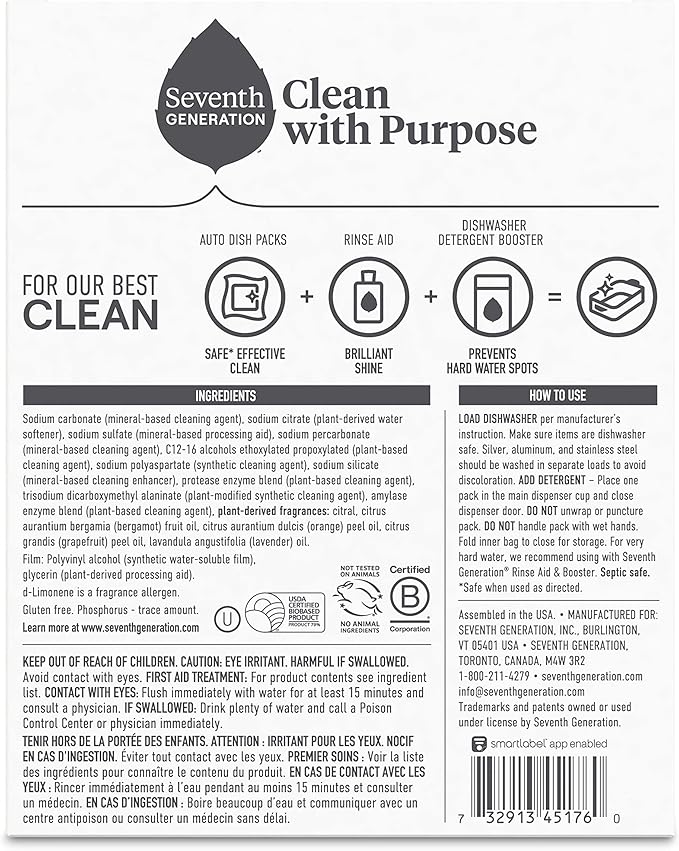 Seventh Generation Power Plus Dishwasher Detergent Packs Fresh Citrus scent Pack of 6 for sparkling dishes Dishwasher tabs, 15 count