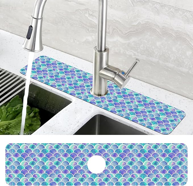 Watercolor Rainbow Scales Sink Faucet Absorbing Mat Sink Splash Guard Faucet - Image 4