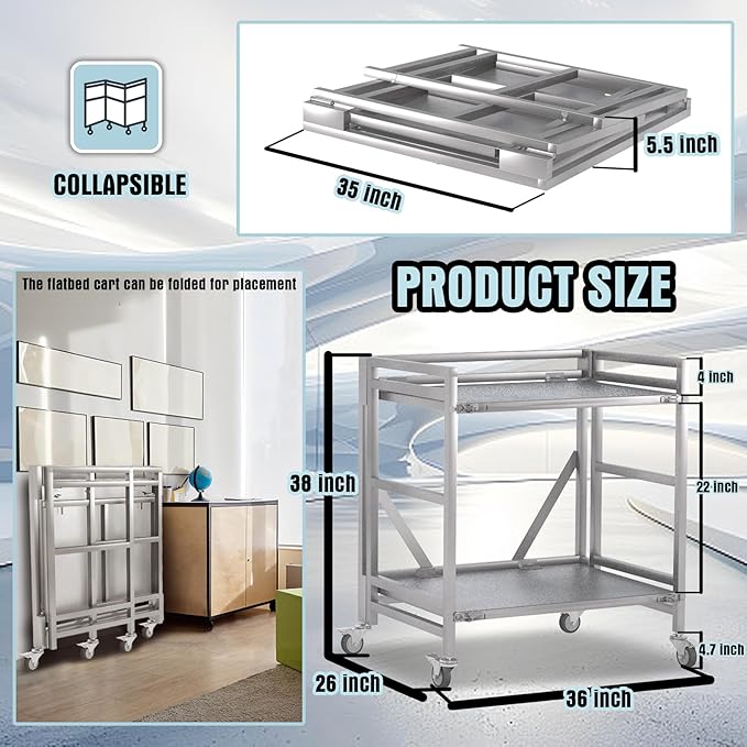 2 Shelf Rolling Cart with Wheels, 660lbs Capacity Collapsible Steel Rolling Utility Cart, Heavy-Duty Foldable Workbench, Metal Rolling Storage Cart with Handle for Groceries, Warehouse (36" Lx26 W)
