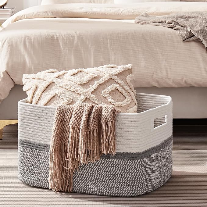 OIAHOMY Blanket Basket Laundry Basket Dog Toy Basket 75L Grey/White - Image 6
