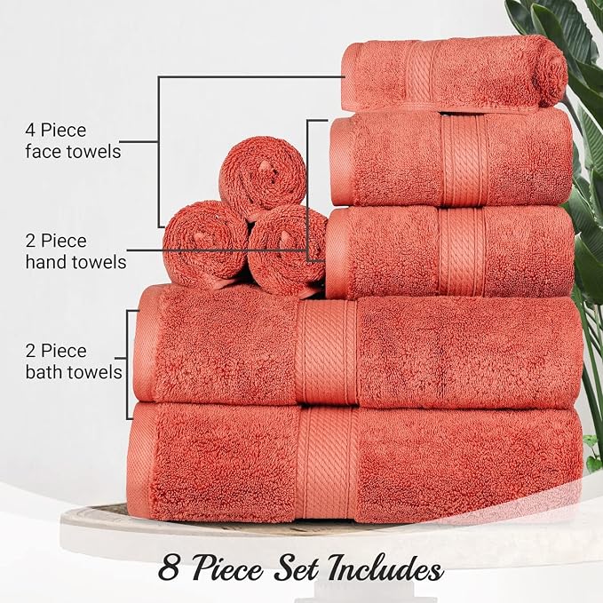 SUPERIOR Egyptian Cotton Ultra Plush & Absorbent, 8 Piece Set, Coral | Quick Dry - Image 7