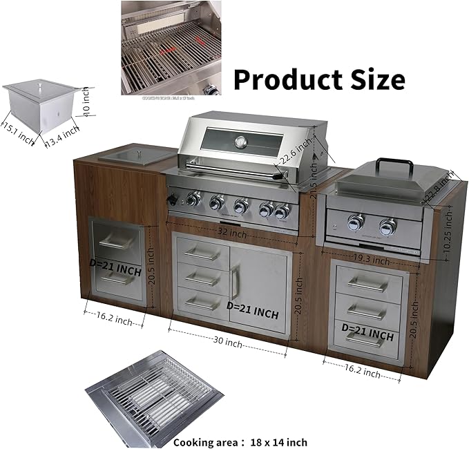 Outdoor Kitchen Kit Built-in 32 inch LPG Gas Grill 60000 BTU Stainless Steel Four burners Grills,DIY Combo Outdoor Kitchen Island, 12 in 1 BBQ Tool Set Best of Backyard