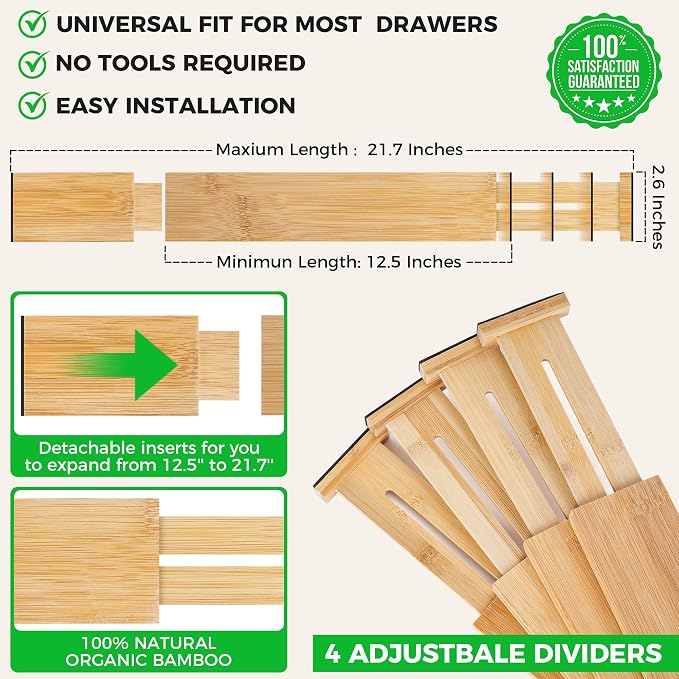 4 Pack Bamboo Drawer Dividers Organizer - Image 3