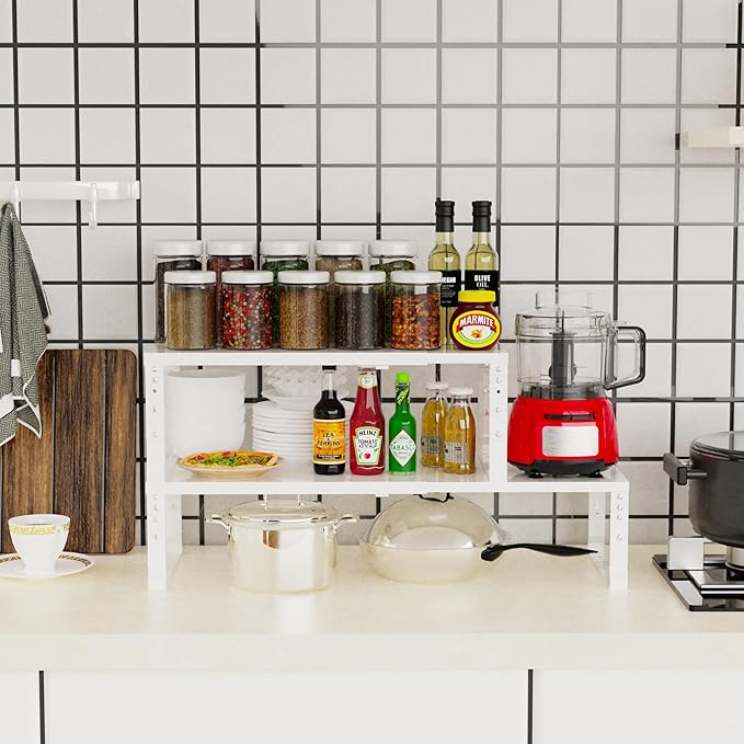 Expandable Stackable Spice Rack Organizer for Kitchen Cabinet,Adjustable Counter Shelf, countertop, Pantry,Cupboard,Bathroom,Bedroom(3Packs/White/Medium)