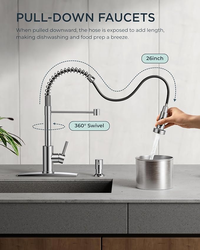 FORIOUS Kitchen Sink Faucet, Pull Down Sprayer, Classic High Arc, Chrome | - Image 2