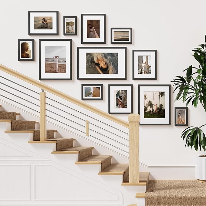 Vittanly 12x16 Picture Frame Set of 2, Solid Wood Frame for Wall Art Photo and Prints, Display Photo 8.5x11 with Mat or 12x16 without Mat, Black