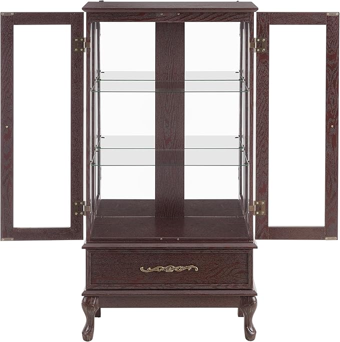 51" H Lighted Curio Cabinet Display Case, Glass Curio Cabinet with Adjustable Shelves,Tempered Glass Door and Drawer, Wooden Cabinets w/Mirrored Back Pane for Living Room (Dark Cherry)