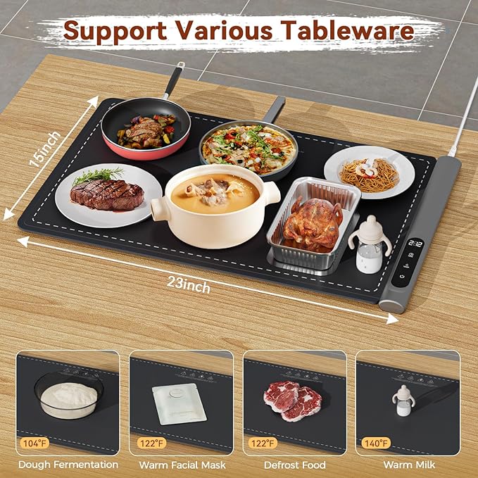 Upgrade Graphene Warming Mat for Food, Food Warming Mat for Countertop with 6 Temperature Settings and Timing Function, Portable Electric Warming Tray for Parties Buffet, Black