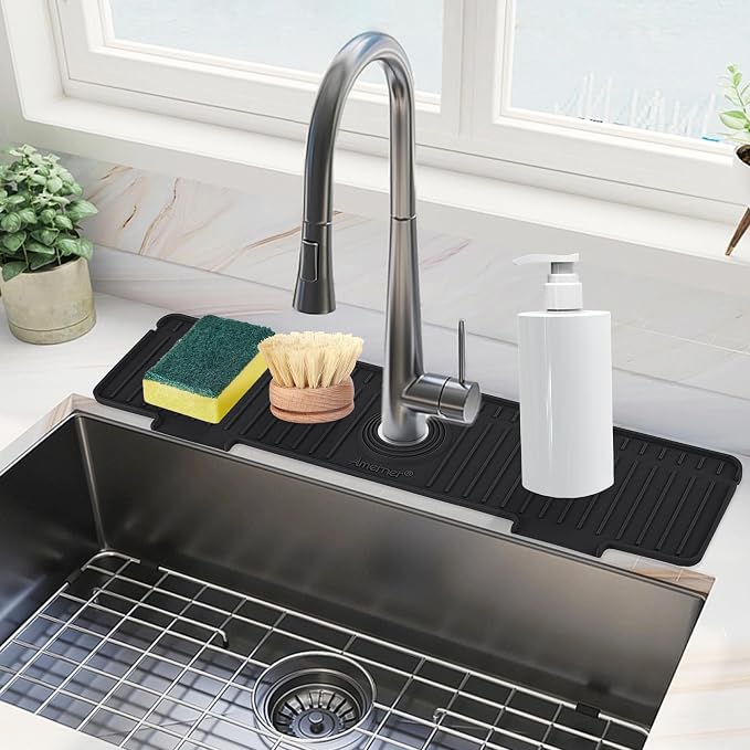 Kitchen Sink Splash Guard, 20 inch Silicone Faucet Guard & Draining Mat by Amerner