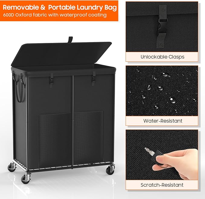 250L Laundry Hamper with Lid & Wheels, Rolling Laundry Basket with Bag - Image 5