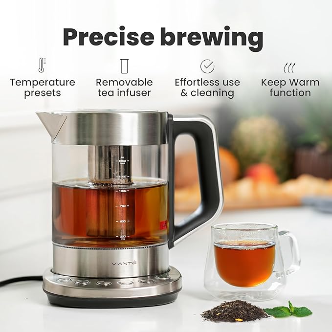 Vianté Electric Kettle With Infuser. No Plastic In Contact With Water. Hot Tea Maker With Temperature Control And Automatic Shut Off. Tea Kettle With Brewing Programs. 1.5 Liters Capacity