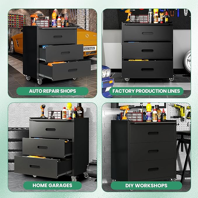 Garage Cabinets,Metal Garage Storage Cabinet with Wheels,Black Lockable Rolling Tool Cabinet with Drawer and Adjustable Shelves,Heavy Duty Tool Chest for Home Office Utility Room