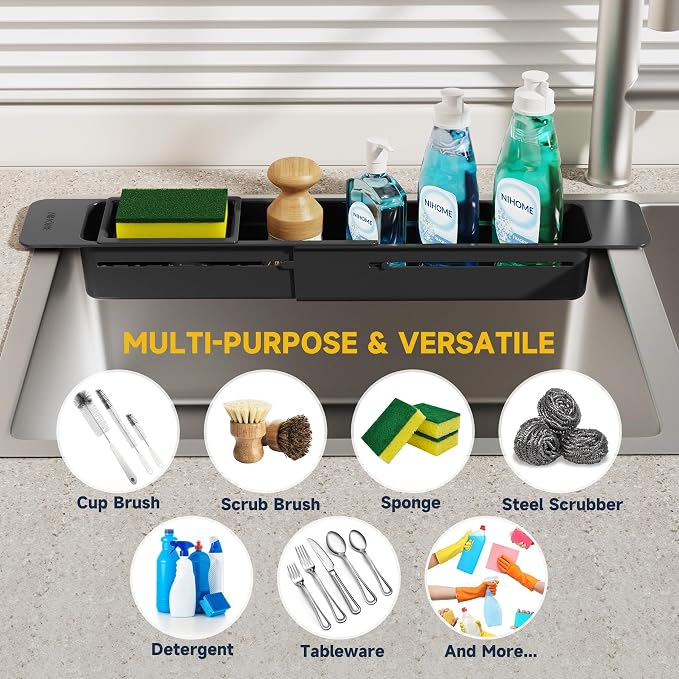 NiHome Extendable Kitchen Sink Caddy Extra Long Brush Sponge Storage Holder - Image 7