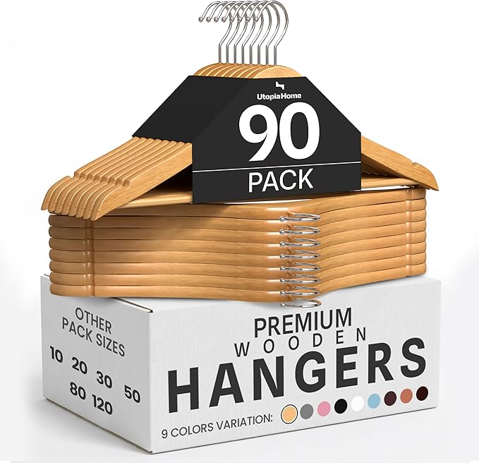 Utopia Home Wooden Hangers 90 Pack – Slim Suit Hangers Natural | 360° rotatable by UTOPIAHOME