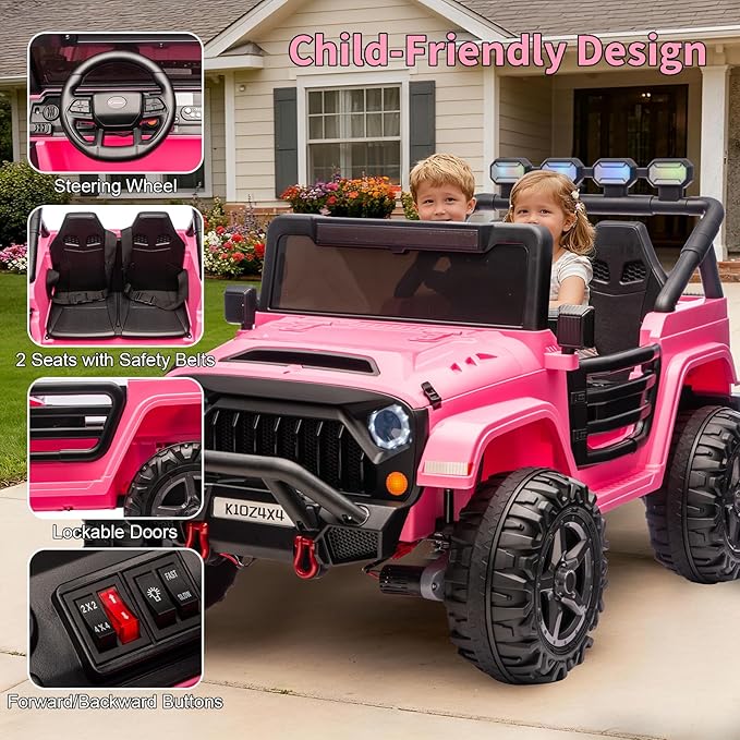 Kids 24V 2-Seater Electric Ride On Car, 4x4 Ride On Truck w/Remote Control, 4-Wheeler Suspension, 3 Speeds, Led Lights, Bluetooth, Ride on Car Toy for Kids Ages 3-8, Pink