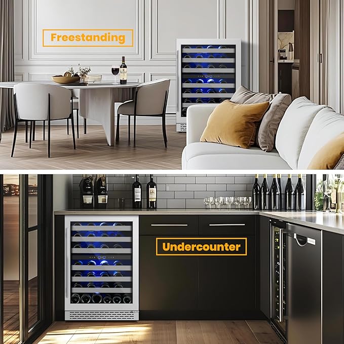 24 Inch Wine Cooler & Fridge Under Counter,54 Bottle Dual Zone Wine Cooler,New Upgrade Compressor,Blue Light Built-in/Freestanding,Reversible Stainless Steel Door Wine Fridge for Home/Kitchen
