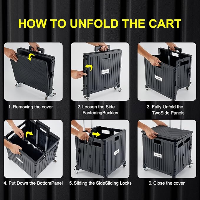 Folding Utility Cart Portable Rolling Crate Handcart Shopping Trolley Collapsible Tool Box, with Lid, Basket on 4 Rotate Wheels, for Grocery, Office, Luggage, Teacher (Black)