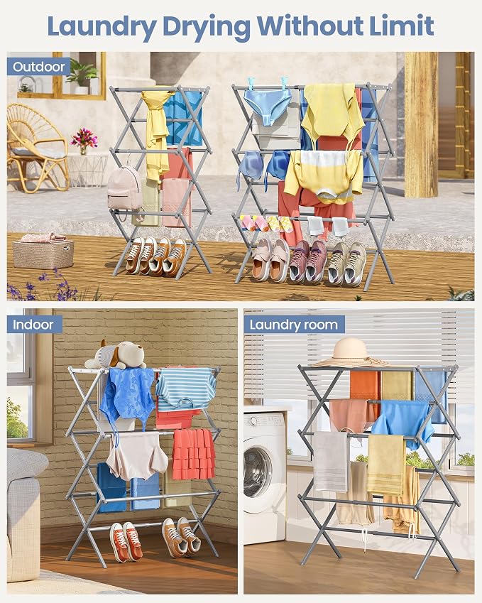 Oversize 3-Tier Clothes Drying Rack, No Install, Non-slip feet, Tool-free Setup - Image 7