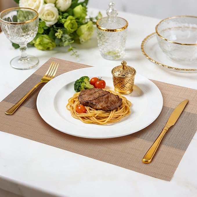 Timeet Placemats Set of 6, Heat Resistant Non-Slip Place Mats for Dining Table, Durable Washable PVC Vinyl Woven Table Mats, Resistant Kitchen Placemats Easy to Clean(Beige & Gray