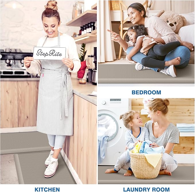 StepRite Kitchen Mats, 2PCS Kitchen Rugs, Cushioned Anti Fatigue Kitchen Mats for Floor, Non-Slip Standing Desk Mat, Waterproof Kitchen Rug Set for Kitchen, 20" x 32"+20" x 48"-Full 1 inch Thick,Khaki