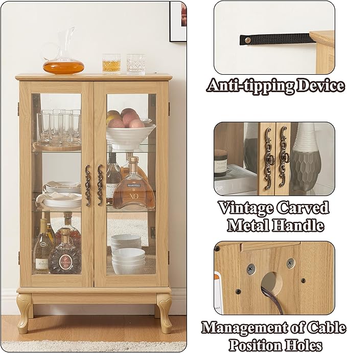 43" H Lighted Curio Cabinet Display Case, Glass Curio Cabinet with Adjustable Shelves & Tempered Glass Door, Wooden Cabinets with Mirrored Back Pane for Living Room (Light Oak)