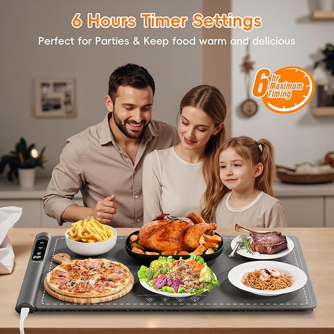Warming Mat for Food - Graphene Rapid Heating Food Warming Mat for Countertop, Portable Electric Warming Tray for Parties with 6 Temperature Levels, Practical Gifts for Mom Wife, Gray