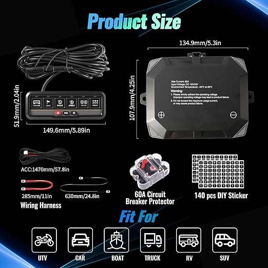 6 Gang Switch Panel Universal Circuit Control Relay System Automatic Dimmable LED Switch Pod Bluetooth APP & Touch Control Panel Switch Box for Car Truck Pickup Boat UTV SUV