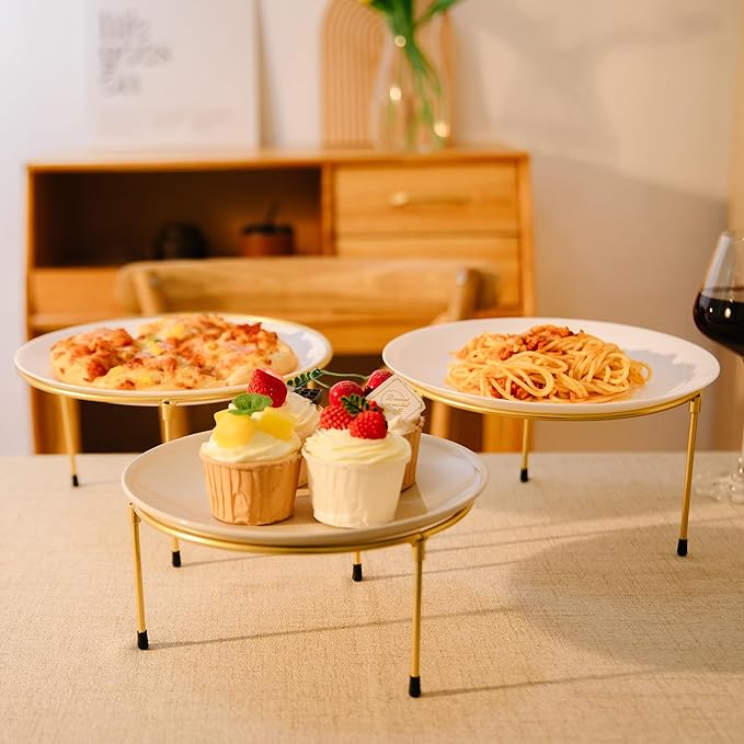 HPC DECOR Set of 3 Gold Metal Wire Pizza Pan Riser Stands-Round Pizza Tray Riser Rack ,Tabletop Display Racks for Food Platter Tray- Metal Display Stands,Pizza Rack Tray for Home,Restaurant and Party.