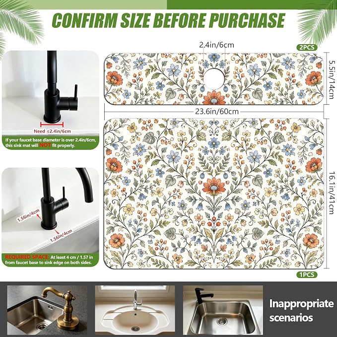 3 Pcs 2 Size Kitchen Sink Splash Guard Faucet Mat Wildflower Pattern Faucet Mat - Image 2