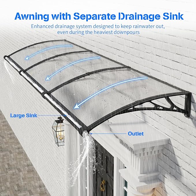 Awning for Door Entrance with Drainage Sink,32x48 Inch Awnings for Doors,Window Canopy Exterior with Plastic Steel Bracket,Polycarbonate Cover,UV,Rain,Snow Protection for House,Porch,Patio,Deck