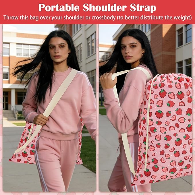 Canvas Laundry Bag with Shoulder Strap Drawstring, Strawberry - Image 5