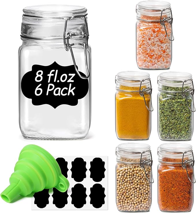 ComSaf Square Glass Spice Jars 8 oz 6 Pack by ComSaf