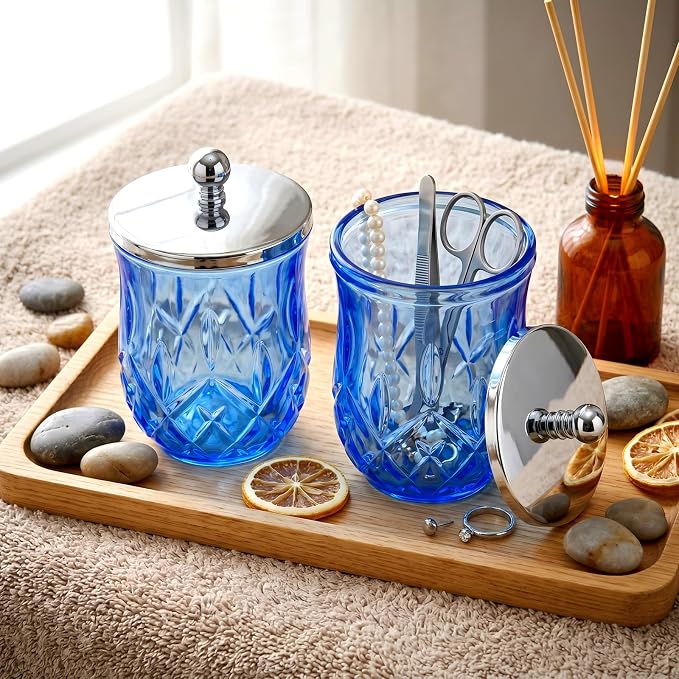 2 Pack 10Oz Blue Q-Tip Holder, Round Thick Glass - Image 8