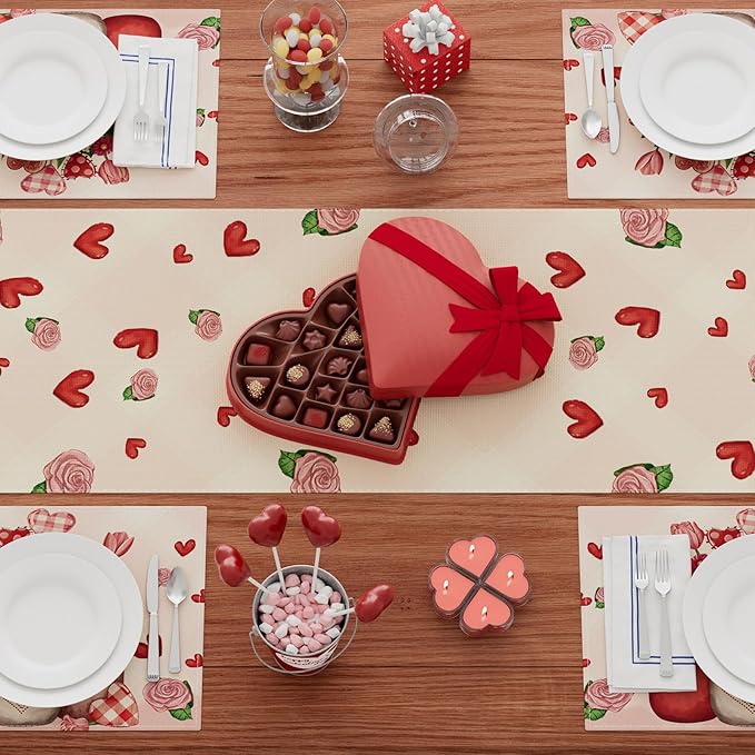 XCHI Roses Flowers Love Hearts Vase Valentine’s Day Table Runner Table Decoration for Party Home Kitchen Dining Dinner Holiday Decor 13x72 Inch
