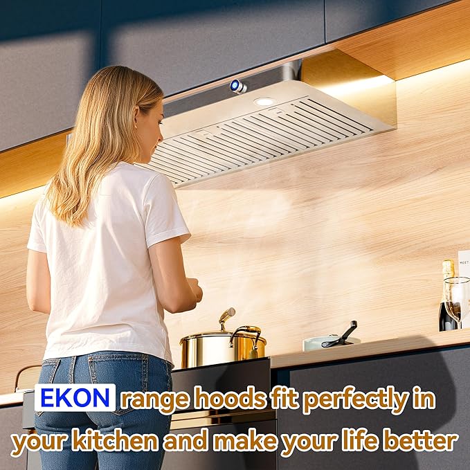 EKON 30 inches Under Cabinet Range Hood, 900 CFM Stainless Steel Kitchen Chimney Vent, 4 Speed Touch Screen Control With Remote 2Pcs 3W LED Knob Control