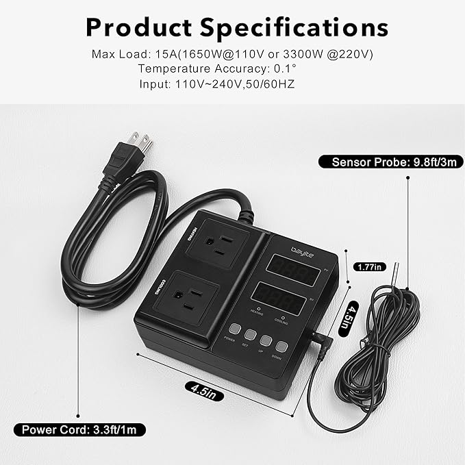bayite Temperature Controller 1650W 15A BTC211 Dual Digital Outlet Thermostat Plug, Pre-Wired, 2 Stage Heating and Cooling Mode, 110V - 240V, Fermentation BBQ Reptile Aquarium
